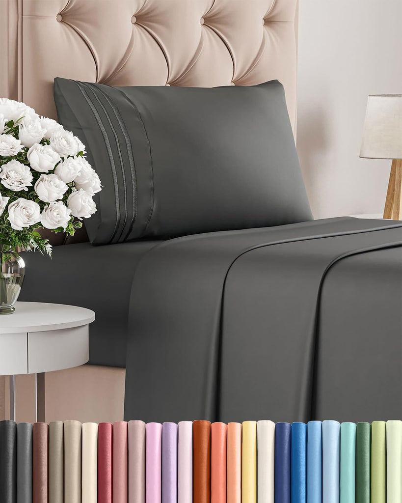 Twin Size 3 Piece Sheet Set - Comfy Breathable & Cooling Sheets - Charcoal
