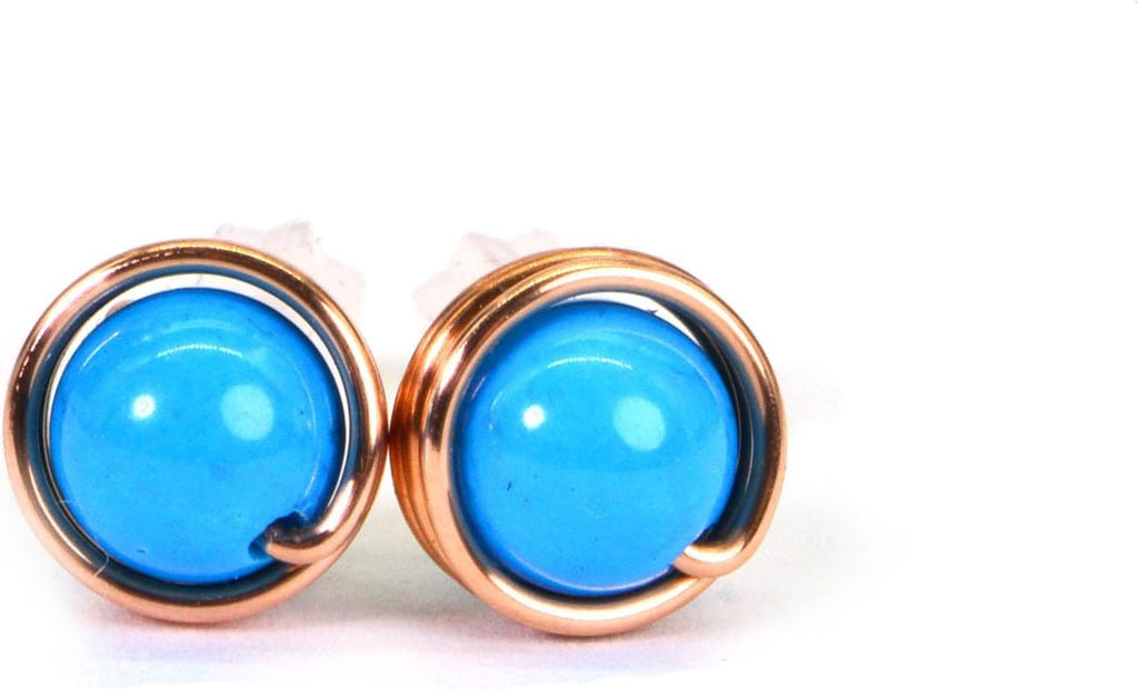 Copper Wire Wrapped Stud Earrings Natural Moonstone Round 6mm Earrings Gift For Girlfriend (blue turquoise)
