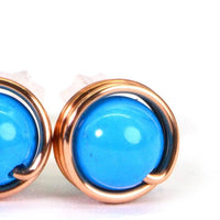 Copper Wire Wrapped Stud Earrings Natural Moonstone Round 6mm Earrings Gift For Girlfriend (blue turquoise)