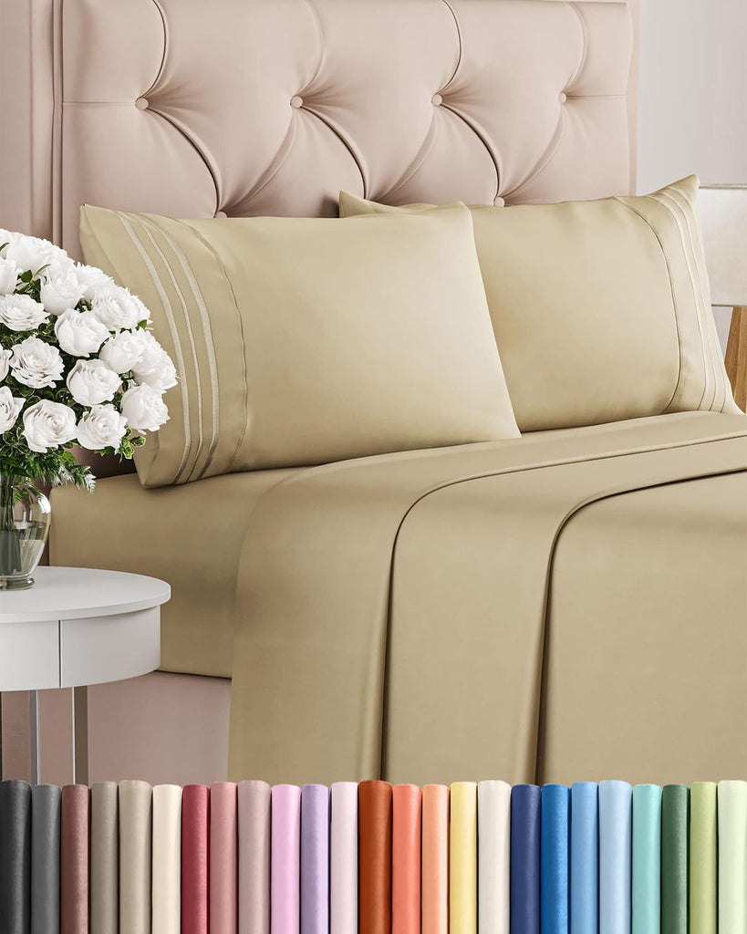 King Size 4 Piece Sheet Set - Comfy Breathable & Cooling Sheets - Beige