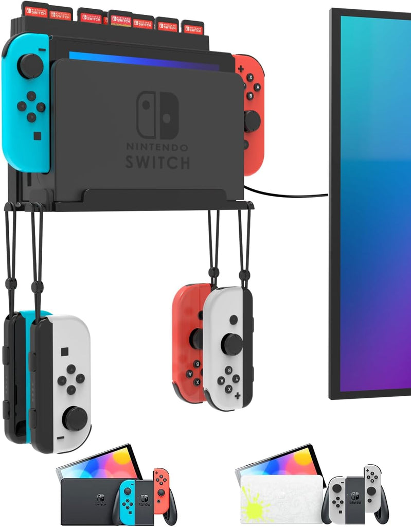 Wall Mount for Nintendo Switch and Switch OLED with 28 Game Card Holders and 4 Joy Con Hooks, Organize Switch Console Be