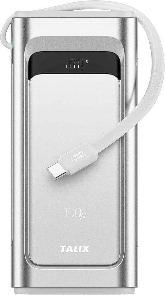 TALIX Portable Charger 100W, 10000mAh Power Bank with Built-in USB-C Cable