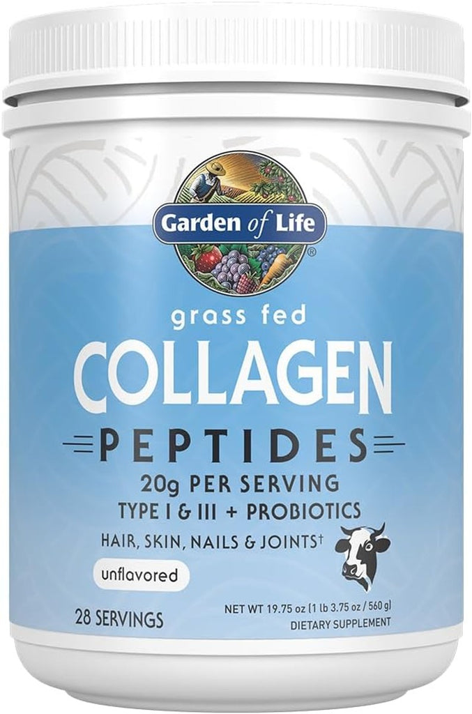 Garden of Life - Péptidos de colágeno en polvo a base de pasto – Polvo de colágeno insípido para mujeres hombres cabello piel uñas articulaciones, suplementos de proteína de colágeno hidrolizado, post
