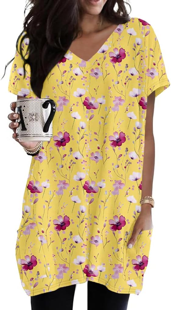 Poetsky Boho Tops for Women Floral Print V Neck Comfy Dressy Top for Women Lightweight Loose Fit Womens Blouses with Poc