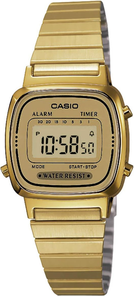 Casio LA670WGA Series | Vintage Digital Watch | Gold-Tone Stainless Steel Band | Self-Adjusting Bracelet | Stopwatch | Daily Alarm | Water Resistant | Women's - white