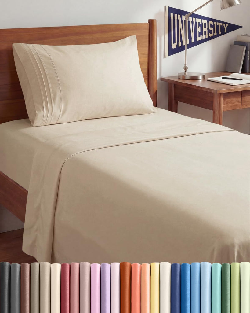 Twin XL 3 Piece Sheet Set - College Dorm Room Essentials - Cream