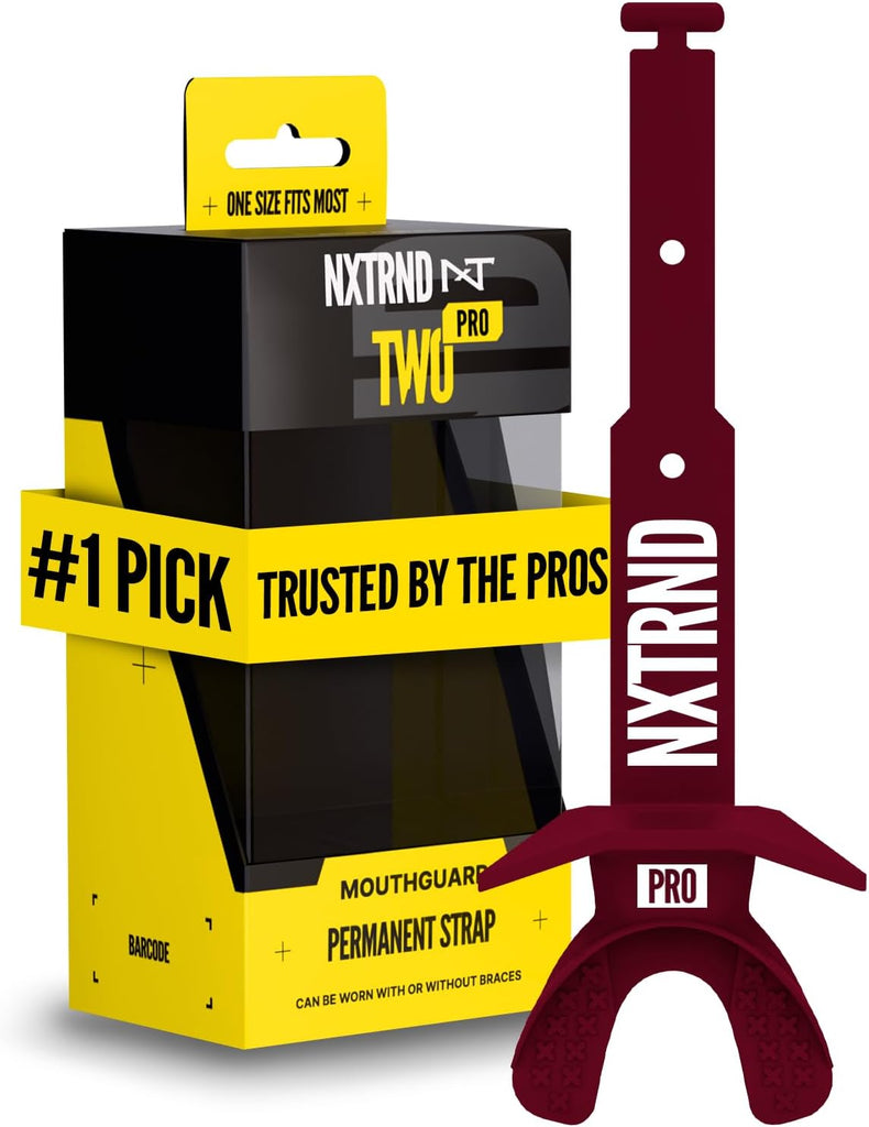 Nxtrnd Two Pro Football Mouth Guard, Permanent Strap, Fits Adult & Youth (Maroon)