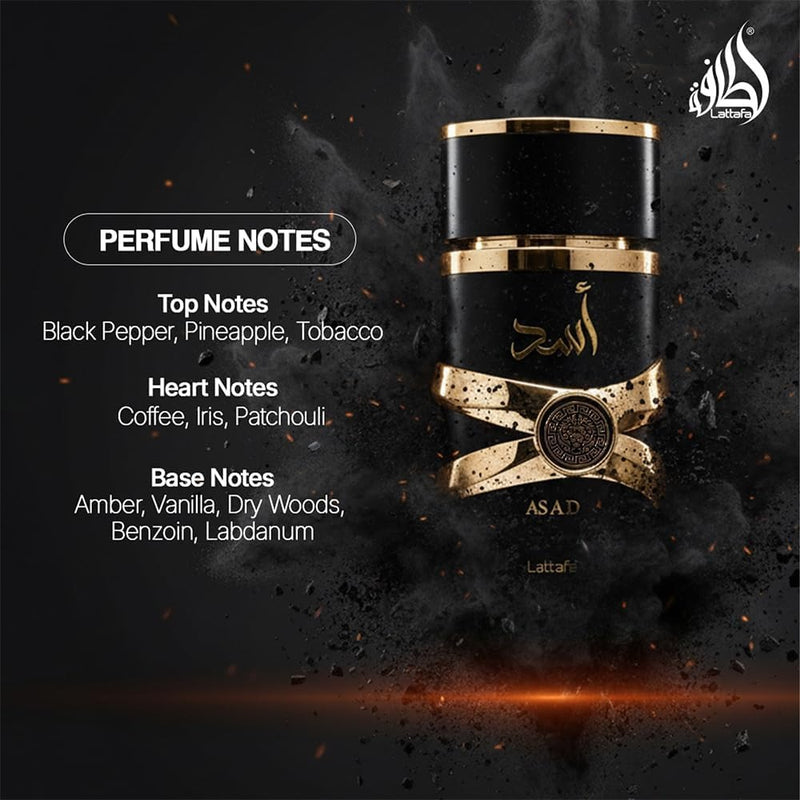 Lattafa Perfumes Asad para Unisex Eau de Parfum en spray, 3.4 onzas✅ Lattafa Asad es una fragancia de vainilla. ✅ Notas superiores: Pimienta negra, Piña, Tabaco