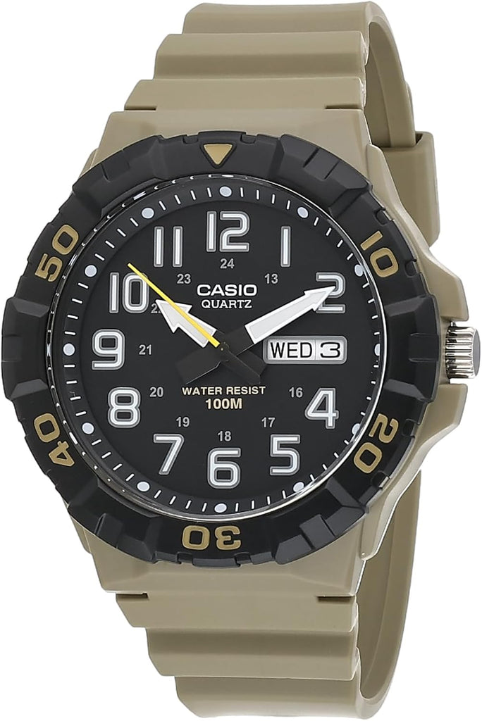 Casio MRW210H Series | Men's Analog Watch | Beige/Black | Sporty Design | 100 Meter Water Resistance | Date Display | Rotary Bezel | Regular Time Keeping (HR, Min, SEC, PM, Date, Day) | 3 Year Battery