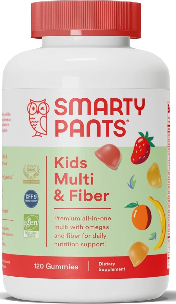 SmartyPants Kids Multivitamin Gummies and Fiber Supplement: Vitamin D3, C, Vitamin B12, B6, A, Zinc, Biotin, Inositol, Fiber Gummies, Three Fruit Flavors, 120 Count (30 Day Supply) - 1 Count (Pack of 1)
