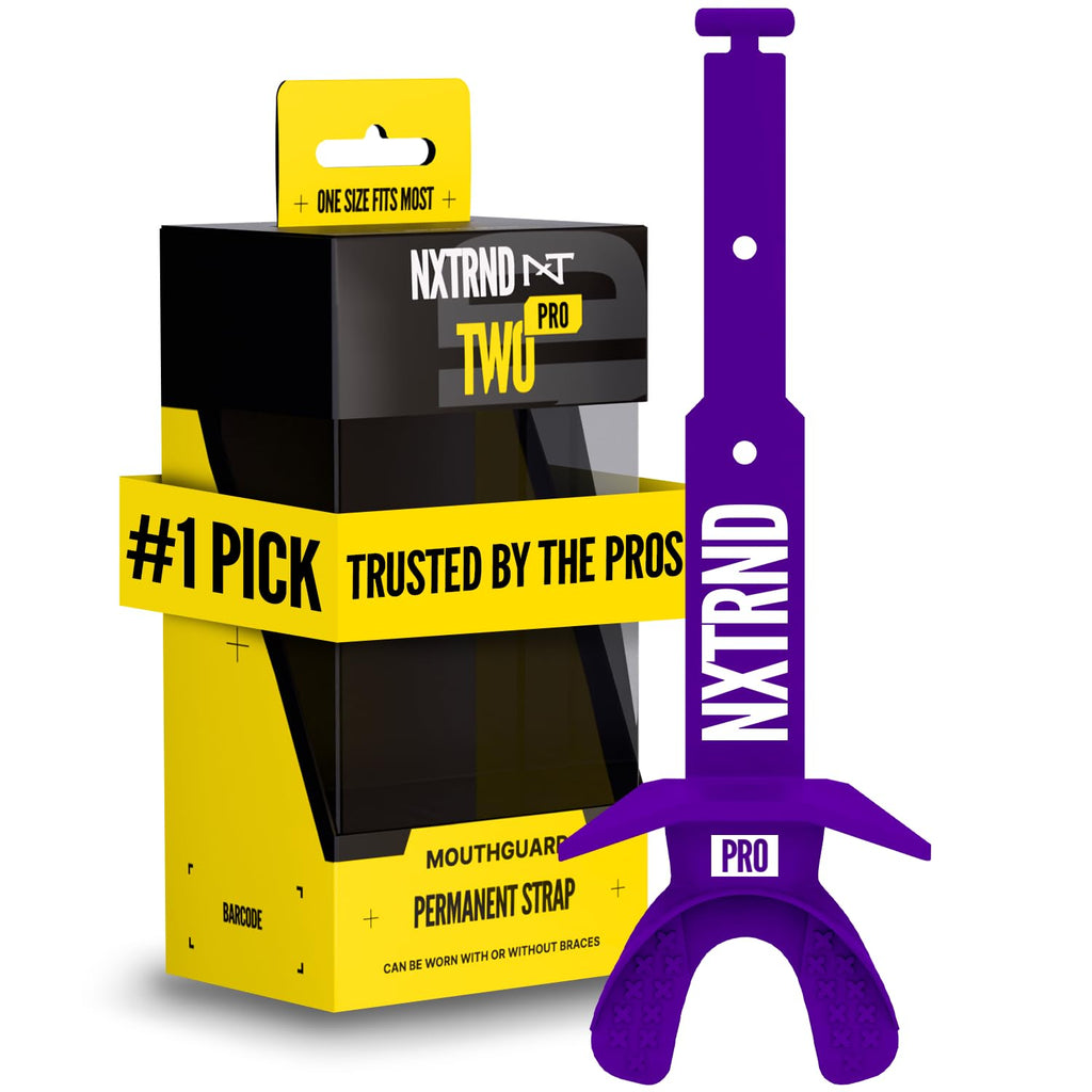 Nxtrnd Two Pro Football Mouth Guard, Permanent Strap, Fits Adult & Youth (Purple)