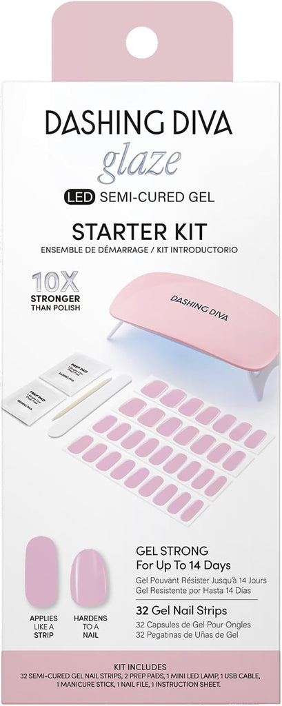 Dashing Diva Glaze Nail Starter Kit - Powder Pink - Long Lasting, Chip Resistant, Semi-Cured Gel Nail Strips - 7-Piece M
