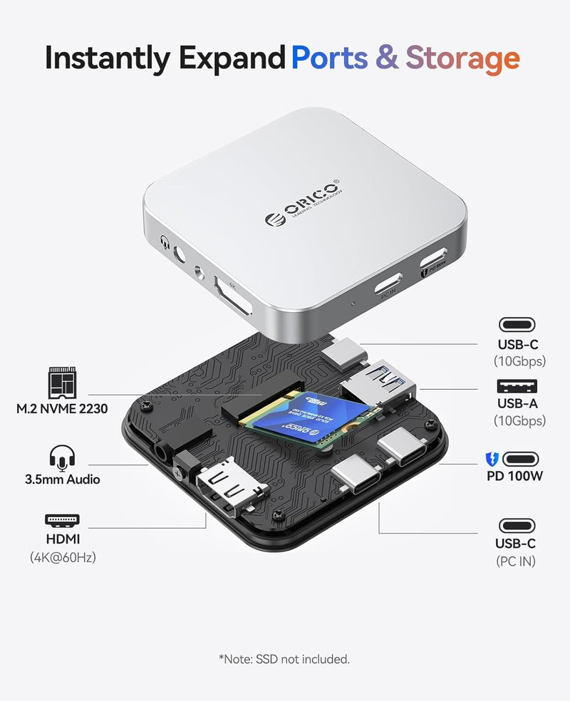 ORICO 10Gbps Magnetic M.2 Docking Station, 6-in-1 USB C HUB & M.2 2230 NVMe Enclosure with HDMI 4K@60Hz, USB-A&C 3.2, 100W PD, AUX, USBC Dock for iPhone 17/16/15 Pro/Pro Max
