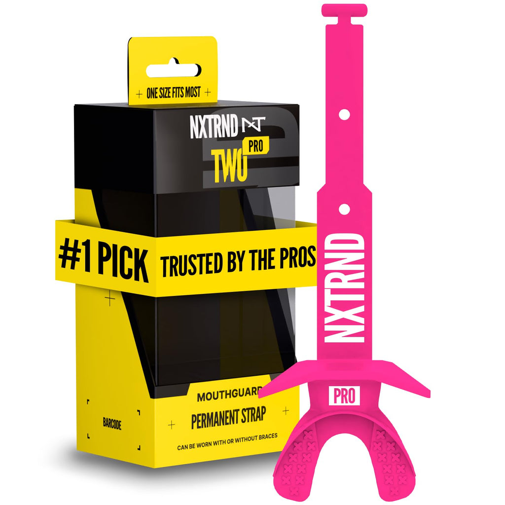 Nxtrnd Two Pro Football Mouth Guard, Permanent Strap, Fits Adult & Youth (Pink)