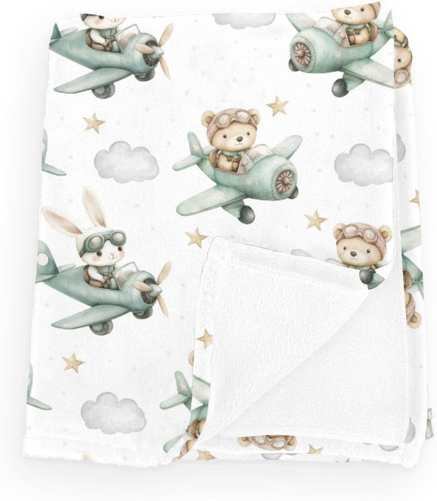 Wicbfdfv Cute Bear Bunny Plane Baby Blankets for Boy Girl Green Airplanes Bears Rabbit Moon Stars Flannel Fleece Nursery