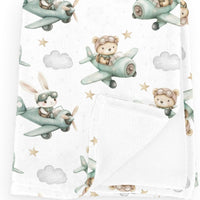 Wicbfdfv Cute Bear Bunny Plane Baby Blankets for Boy Girl Green Airplanes Bears Rabbit Moon Stars Flannel Fleece Nursery