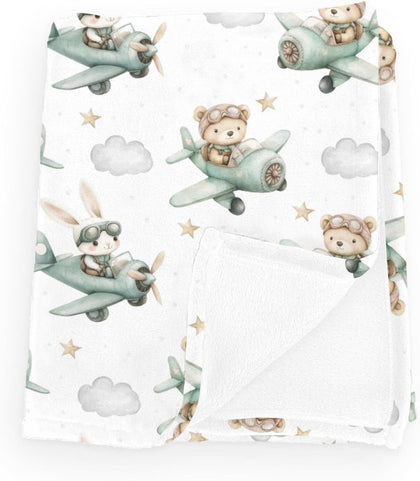 Wicbfdfv Cute Bear Bunny Plane Baby Blankets for Boy Girl Green Airplanes Bears Rabbit Moon Stars Flannel Fleece Nursery Animal Pilot Bed Receiving Swaddle Breathable Newborn Kid Crib Bedding White