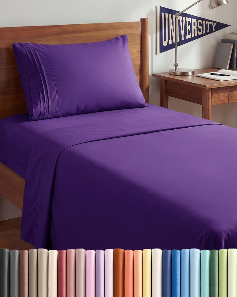 Twin XL 3 Piece Sheet Set - College Dorm Room Essentials - Purple