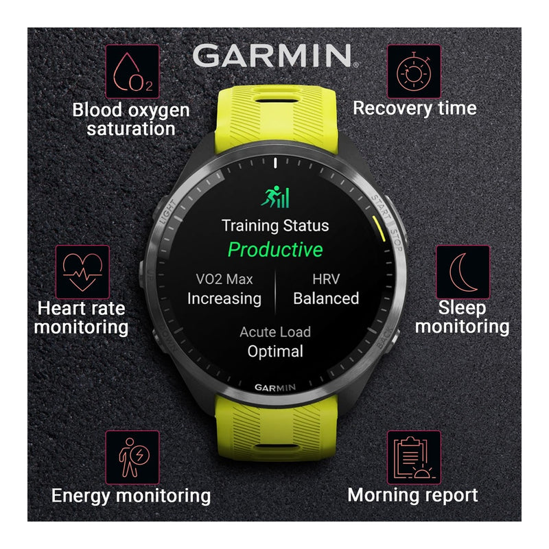 Garmin Forerunner 965 Smartwatch Premium, 1,4 Pulgadas, AMOLED, 32GB, GPS, Gris Carbón Y Amarillo
