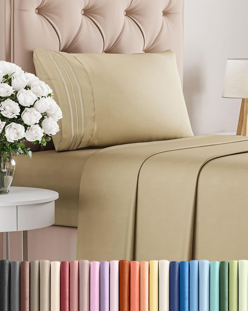 Twin Size 3 Piece Sheet Set - Comfy Breathable & Cooling Sheets - Beige