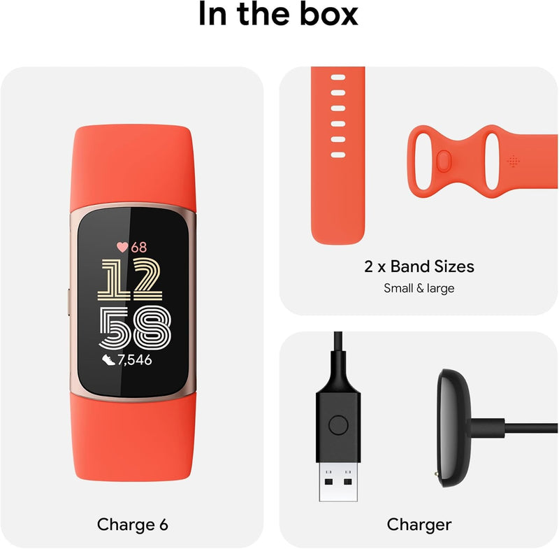Fitbit Charge 6 Fitness Tracker with Google Apps - Heart Rate on Exercise Equipment - 3-Month Google Health Premium Membership Included - Health Tools - Obsidian/Black - Small&Large Bands Included