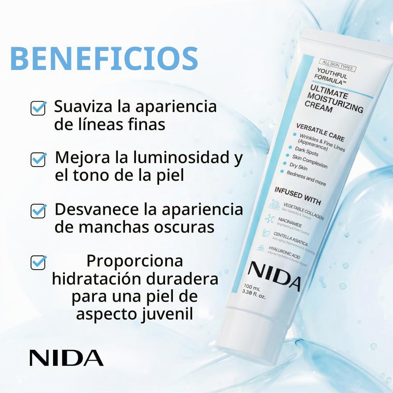 NIDA Youthful Formula Crema Hidratante con Centella Asiatica, Niacinamida, Acido Hialuronico y Colageno, Antiarrugas y Antimanchas, 100ml