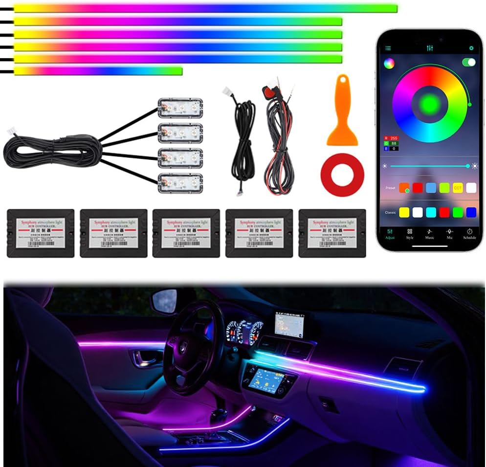 Acrylic Interior Car Ambient Lighting Kits, LED Strip Lights with Wireless APP, Neon Fiber Optic Lights Function LED Str