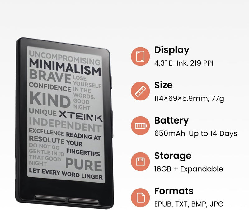 XTEINK X4 E-Book Reader (Developer Edition), 4.3" Pocket E-Ink eReader, Physical Page-Turn Buttons, Ultra-Thin 0.23" & 2.72 oz, Magnetic-Ready Design, Distraction-Free Reading, 16GB, Space Black