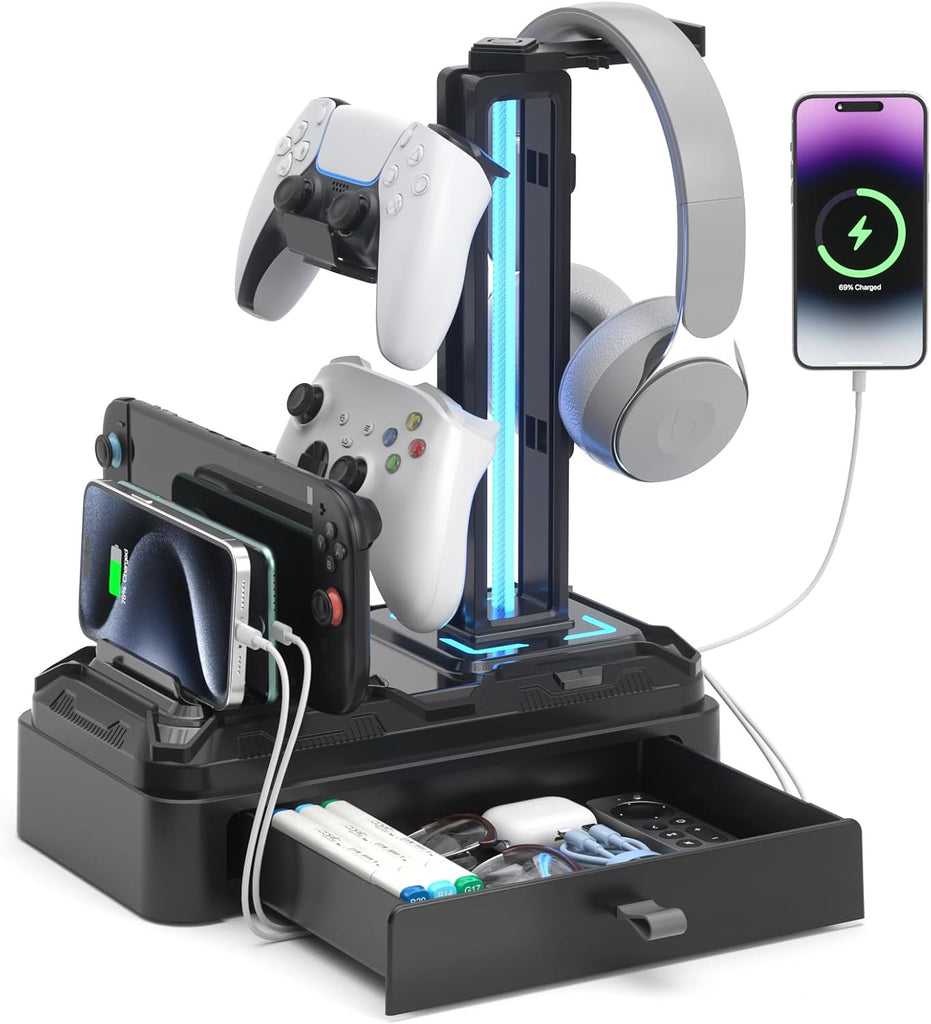 KDD Headphone Stand with USB A&C Charger Ports - RGB Controller Stand with Detachable Hooks - Rotatable Headset Hanger &
