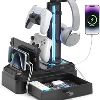 KDD Headphone Stand with USB A&C Charger Ports - RGB Controller Stand with Detachable Hooks - Rotatable Headset Hanger &