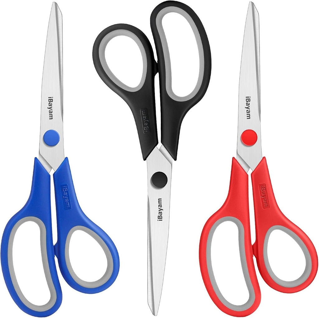 iBayam 8.5" Household Scissors All Purpose 3 Pack, Red Black Blue Scissors