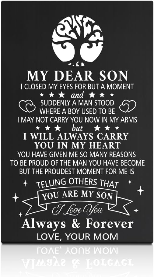 GEYGIE My Dear Son I Love You Always & Forever Black Wallet Card, Engraved Metal Wallet Insert Card Love Notes from Mom,