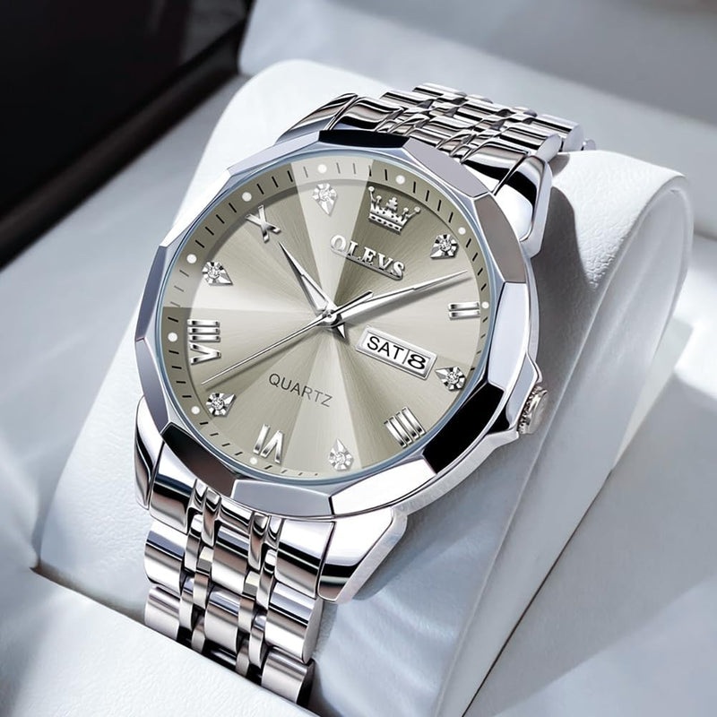 OLEVS Watch for Men Diamond Business Dress Analog Quartz Stainless Steel Waterproof Luminous Date Two Tone Luxury Casual Wrist Watch Blue