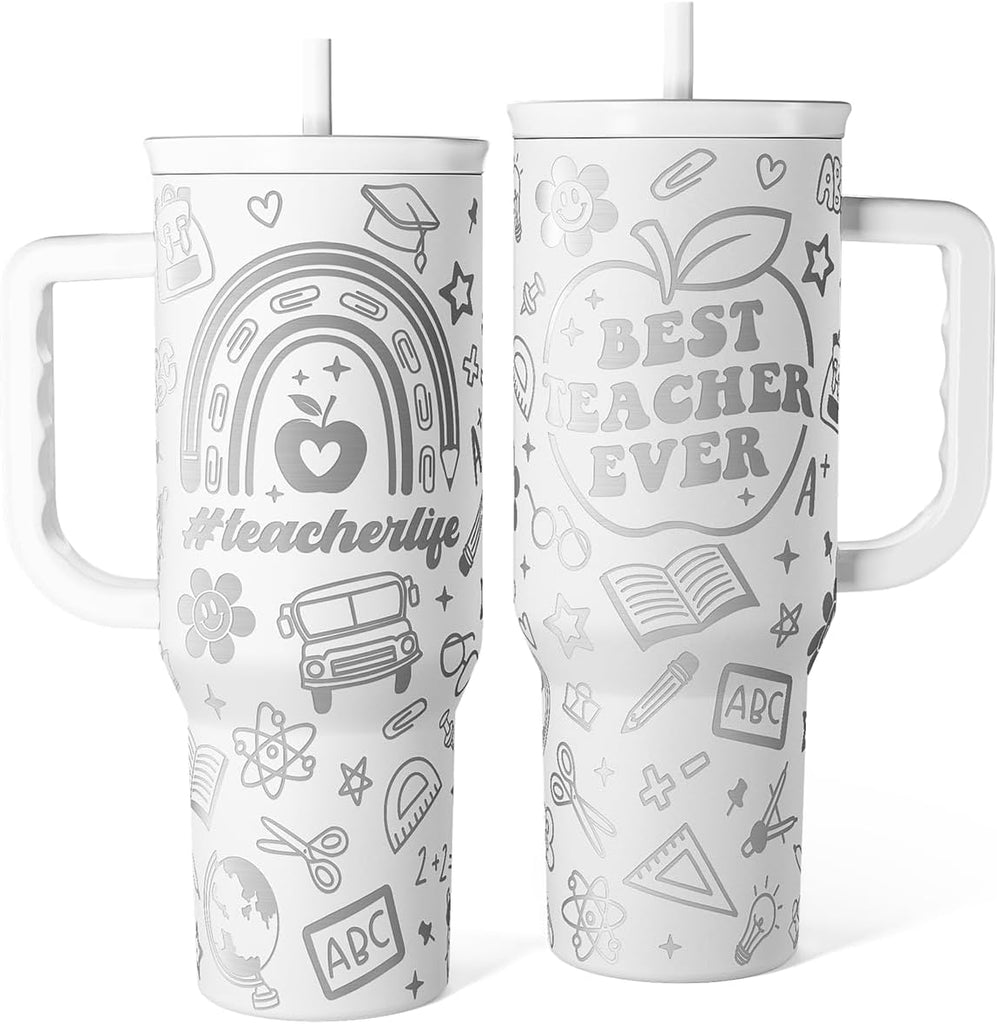Best Teacher Ever Tumbler 40oz, Stainless Steel Insulated Coffee Travel Cups with Handle, Teacher Appreciation Gifts for