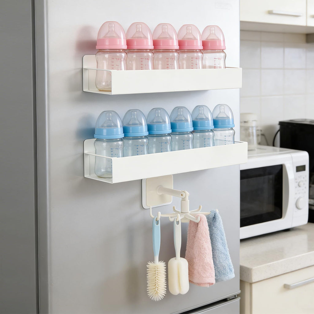 WAKCCIL 2 Pack Magnetic Baby Bottle Organizer for Refrigerator, Space-Saving Metal Storage Rack with Rotating Hook, Stro
