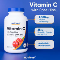Nutricost Vitamina C con escaramujos, 1025 mg, 240 cápsulas, vitamina C 1,000 mg, rosa cadera, 25 mg, premium, sin OMG, suplemento sin gluten