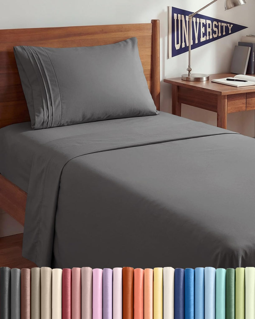 Twin XL 3 Piece Sheet Set - College Dorm Room Essentials - Dark Grey
