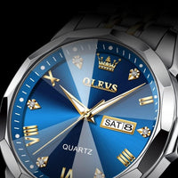 OLEVS Watch for Men Diamond Business Dress Analog Quartz Stainless Steel Waterproof Luminous Date Two Tone Luxury Casual Wrist Watch Blue