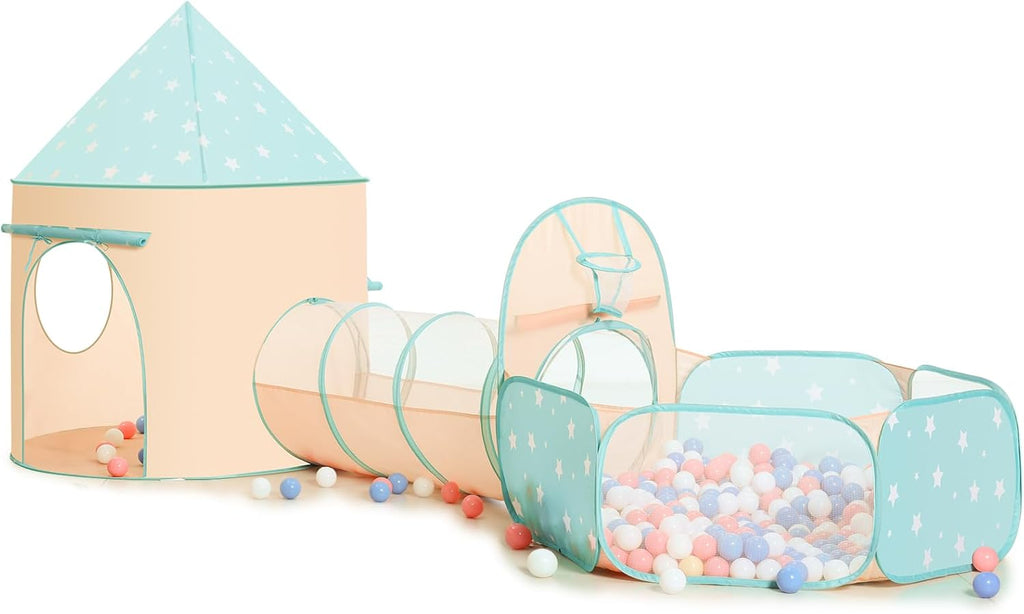 PigPigPen 3pc Kids Play Tent for Girls and Boys with Ball Pit, Crawl Tunnel, Princess Tents for Toddlers, Baby Space Wor