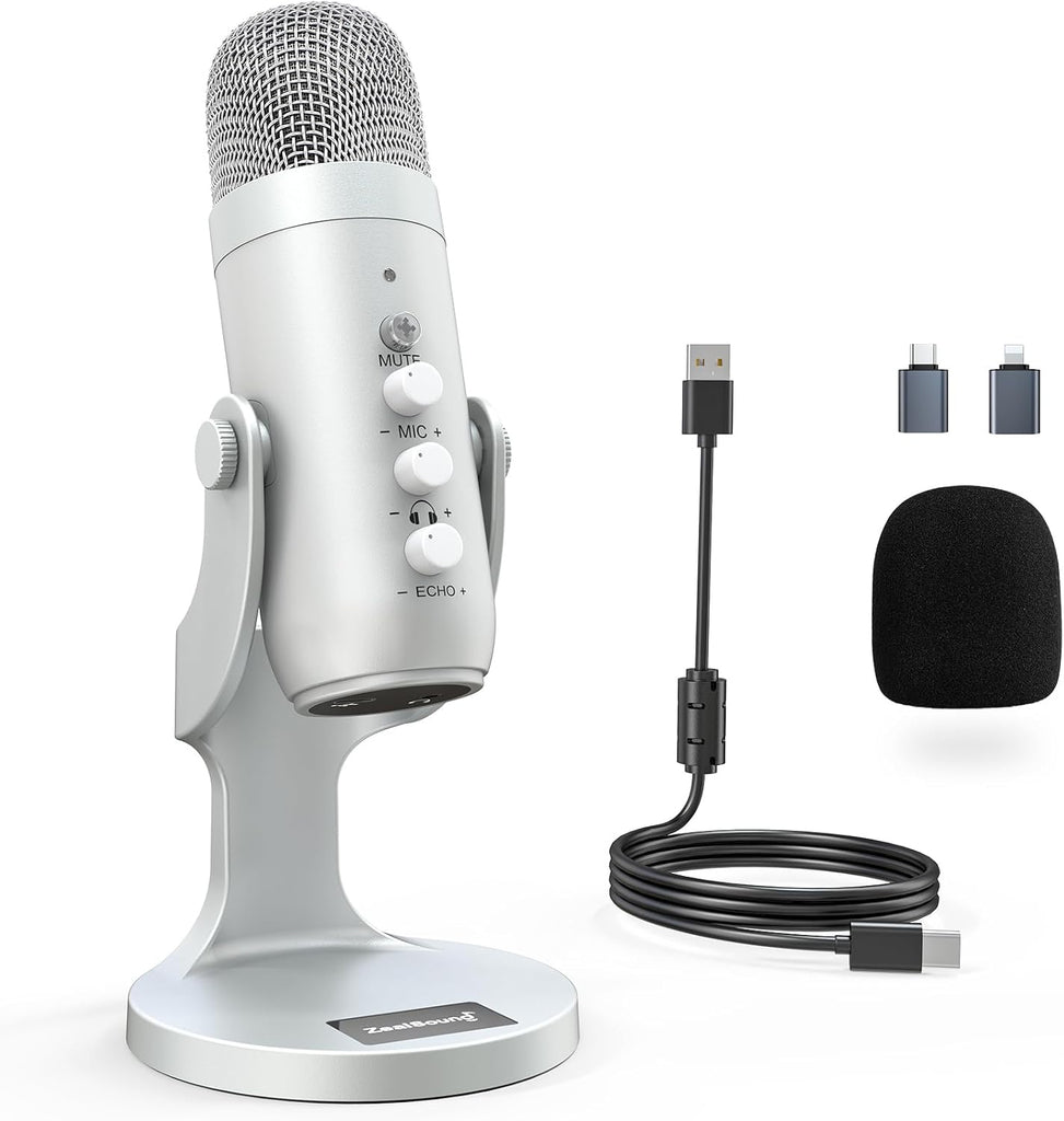 ZealSound Podcast Microphone for PC, Noise Cancellation USB Mic with Gain, Volume Adjustment & Mute Button, Monitoring &
