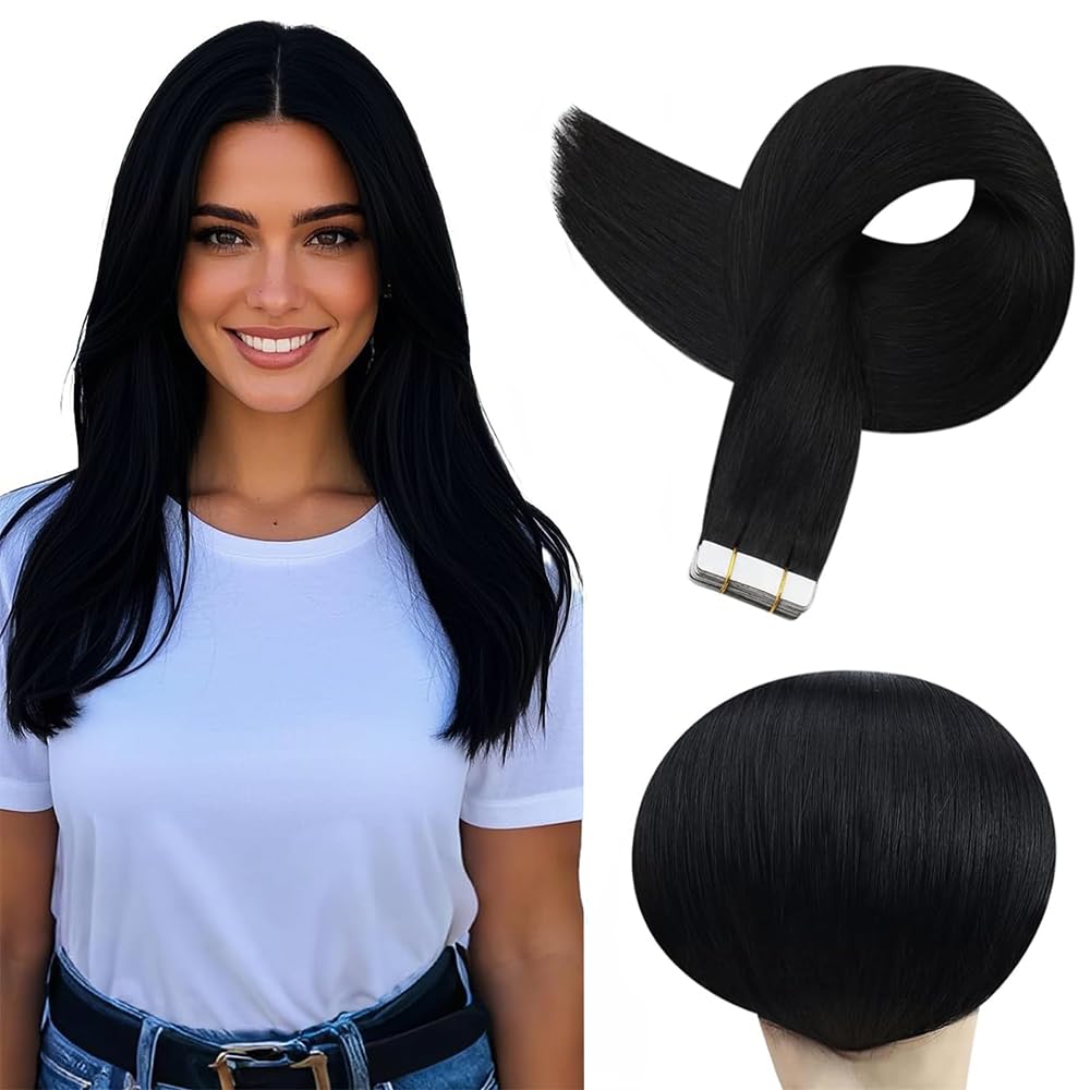 12 Inch 1B Tape in Extensions Human Hair Natural Black Straight Tape ins Hair Extensions Real Human Hair Skin Weft Seaml