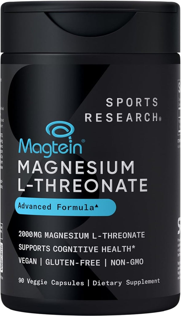 Sports Research® Cápsulas de L-treonato de magnesio de 2000 mg - Magtein® de alta absorción para mejorar la salud cerebral, la memoria, la concentración y el apoyo del sueño reparador - Vegano · Sin
