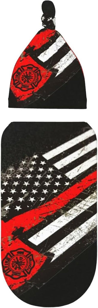 Ykklima Baby Newborn Swaddle Blanket with Beanie Hat- USA Thin Red Line Firefighter Axe Pattern Receiving Blanket Sleep