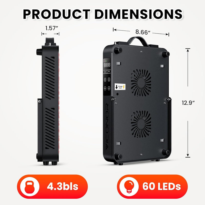 Viconor Terapia de luz roja para el cuerpo, panel de terapia de luz infrarroja cercana de 660nm 850nm, dispositivo de 60 LED de doble chip con 300W de potencia, ideal para el cuerpo, la cara, mejora e