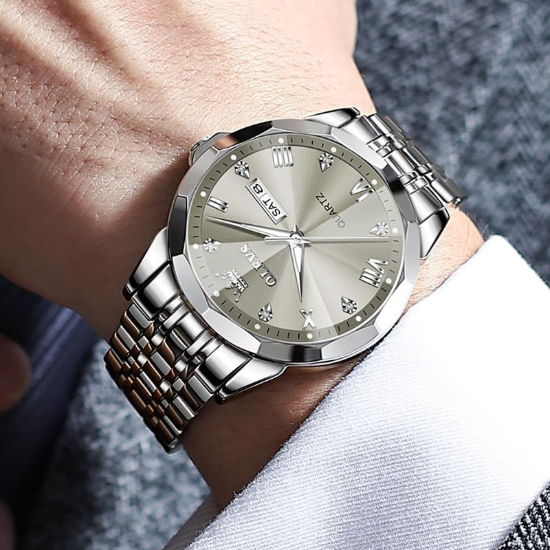 OLEVS Watch for Men Diamond Business Dress Analog Quartz Stainless Steel Waterproof Luminous Date Two Tone Luxury Casual Wrist Watch Blue