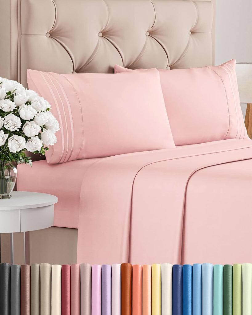 Queen Size 4 Piece Sheet Set - Breathable & Cooling Sheets - Baby Pink