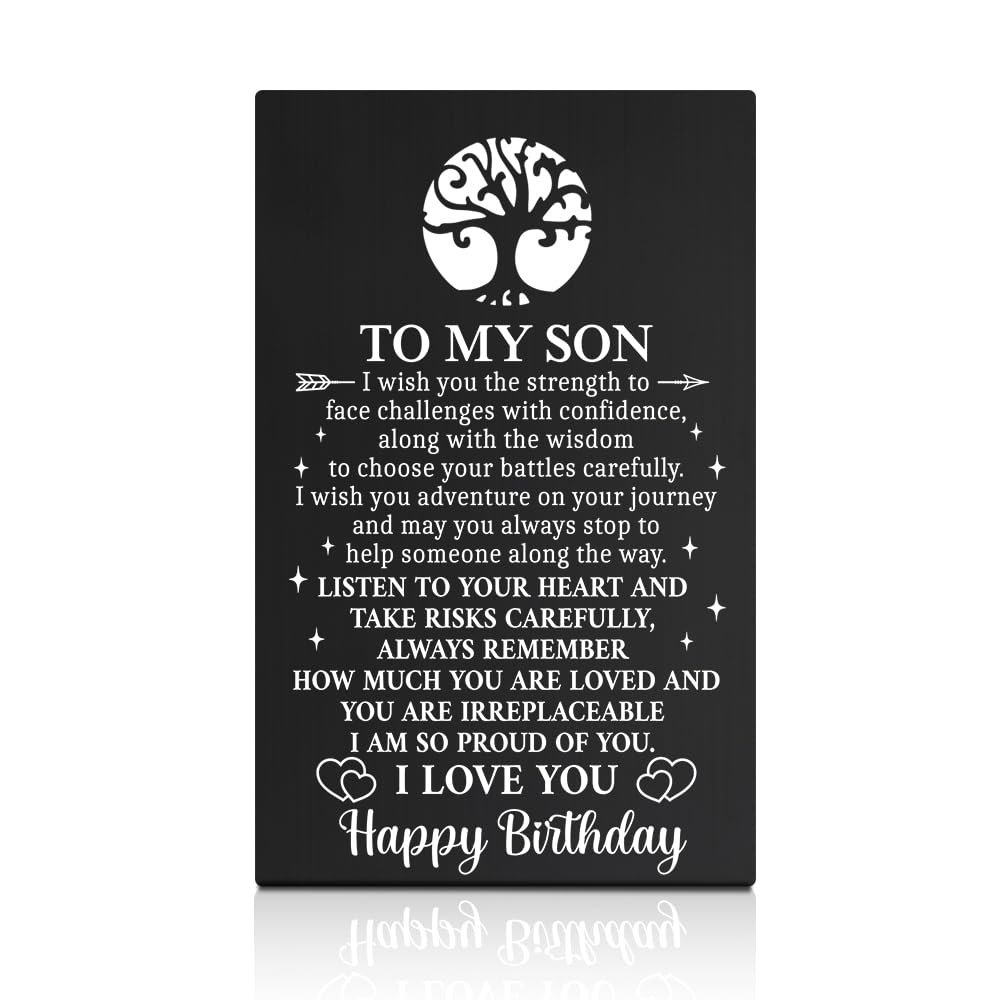 GEYGIE To My Son Happy Birthday Black Wallet Card, Engraved Metal Wallet Insert Card Thoughtful Family Greeting from Mom
