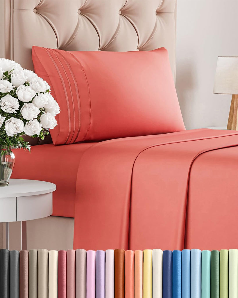 Twin Size 3 Piece Sheet Set - Comfy Breathable & Cooling Sheets - Coral