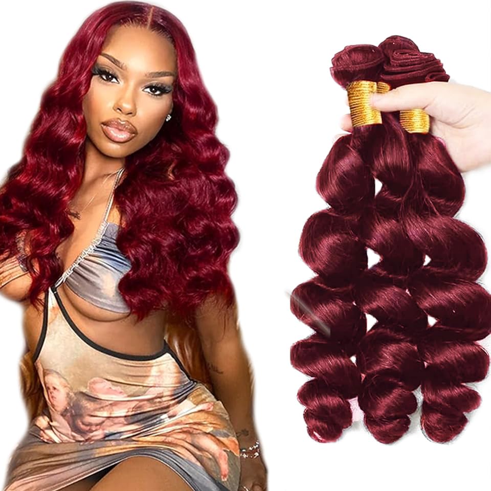 #99J Burgundy Loose Wave Bundles Human Hair Burgundy Bundles 24 26 28 Inch Brazillian Virgin Remy Hair 3 Bundles 150 Gra