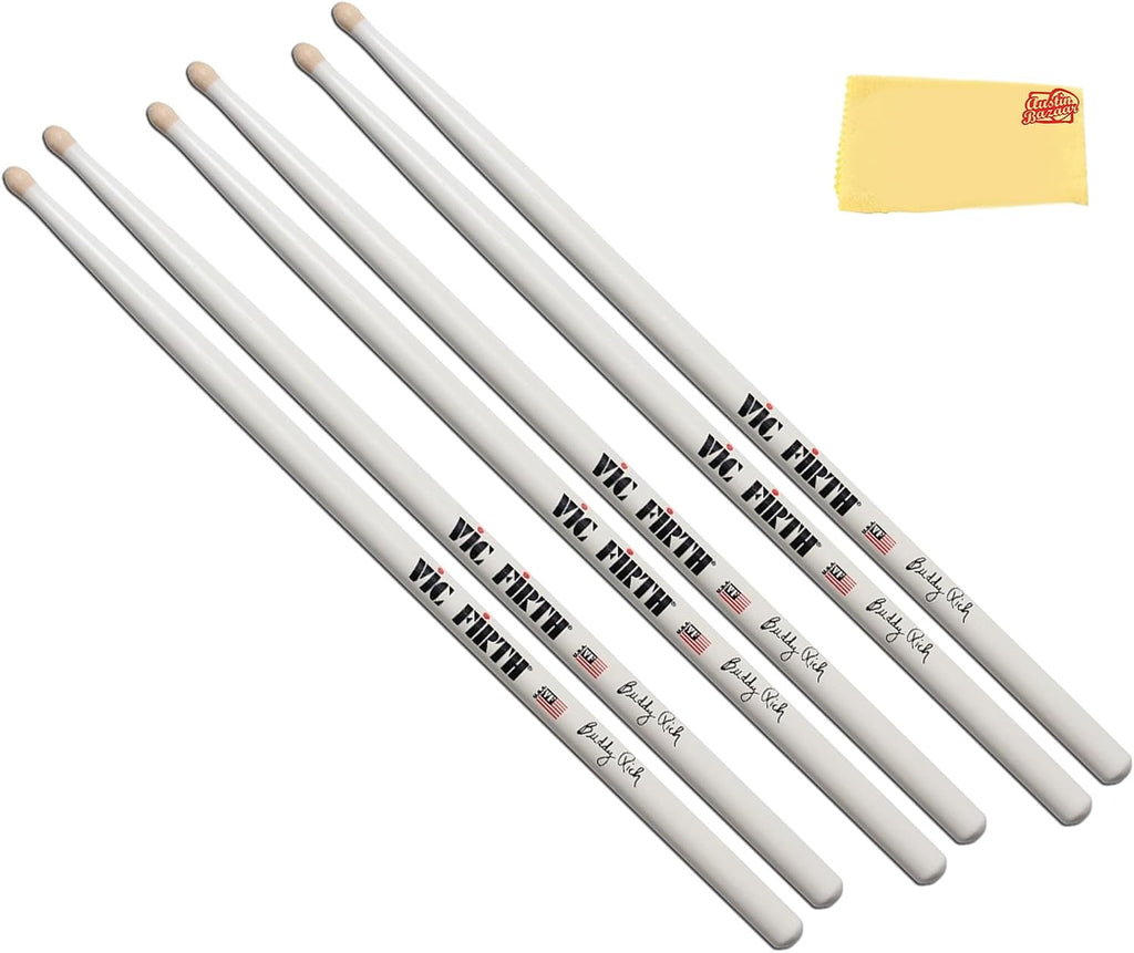 Vic Firth SBR Signature Series Buddy Rich Drumsticks - 3-Pack Bundle with Austin Bazaar Polishing Cloth